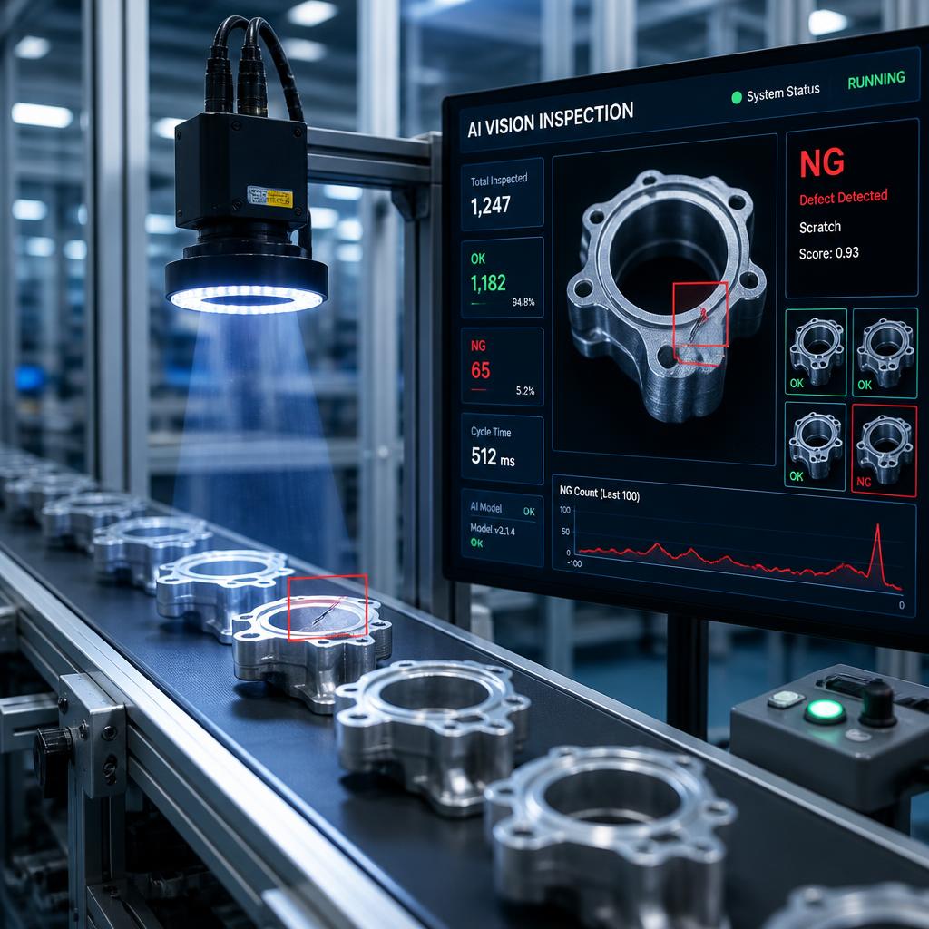 An AI-powered vision inspection system scanning products on a conveyor belt in a modern manufacturing facility with real-time defect detection display