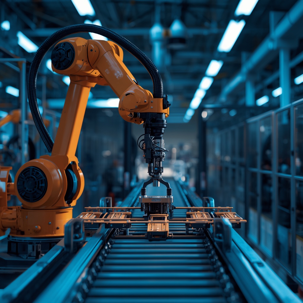 A robotic arm performing precision assembly on an industrial production line in a modern factory with blue lighting and automated conveyor systems